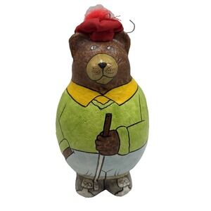 Vintage Habitat International Bear Golf Christmas Tree Ornament Paper Mache 5"
